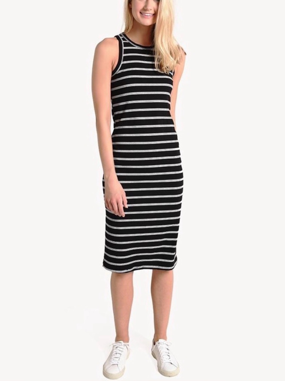 Heartloom black / white striped ribbed sleeveless bodycon tank dress, size small